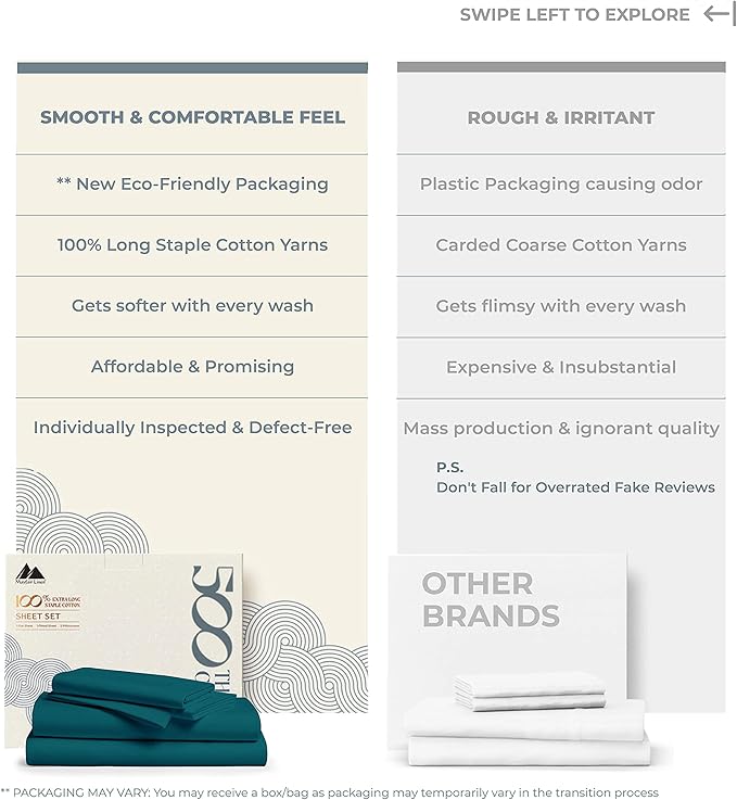 Mayfair Linen 100% Cotton Bed Sheets Queen Set - 500 Thread Count Cotton Sheets for Queen Size Bed, 4 PC Set (Teal), Ultra Soft, Cooling, Sateen Weave 16" Deep Pocket Bedsheet for Hot Sleepers