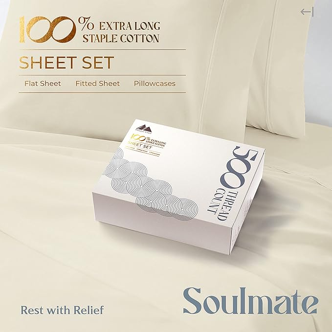Mayfair Linen 500 Thread Count Full Cotton Sheets - 4 PC Full Size Bed Sheet Set Cotton (Sand), Soft, Cooling, Sateen Hotel-Quality 16" Deep Pocket Bedsheet for Hot Sleepers (Fits 18" Mattress)