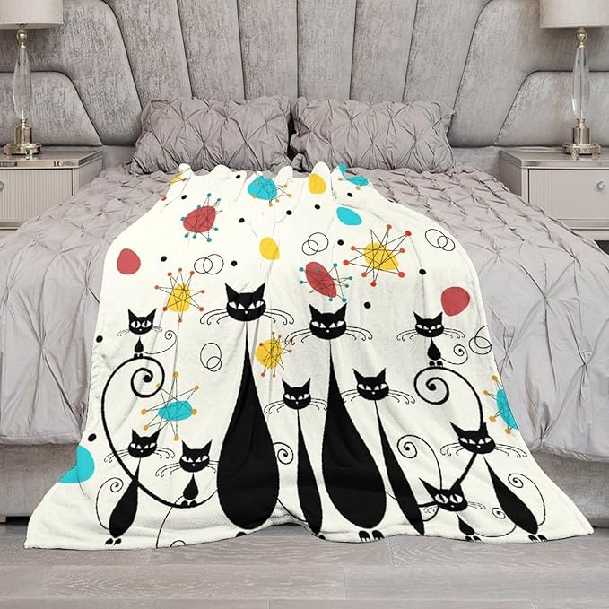 Mid Century Modern Throw Blanket, Atomic Black Cat Starbursts Iconic Sputnik Retro Abstract Geometric 1950s 1960s Throw for Adults Kids Pet, Beige Black 30"x40"