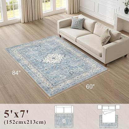 Vintage Living Room Area Rug 5x7 - Large Soft Washable Oriental Traditional Distressed Farmhouse Rugs for Bedroom - Indoor Floor Accent Carpet for Home Office House Decor - Blue