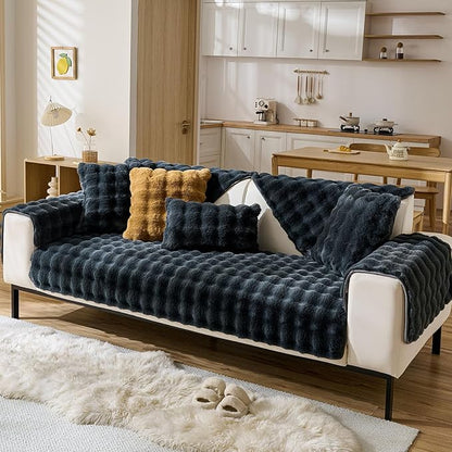 Faux Fur Couch Cover Fuzzy Soft Plush Thick Bubble Sofa Cover Luxury Sectional Couch Covers Luxury Anti-Slip Sofa Slipcover Washable Furniture Protector (Dark Grey,28"x59")