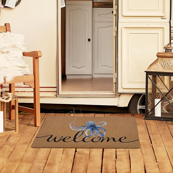 Coastal Octopus Door Mat, Beach Doormat, Coastal Ocean Beach Welcome Front Door Mat Indoor Outdoor Entrance, Ocean Artificial Coir Doormats Rugs for Porch Patio Entryway Home Decor 30x17in