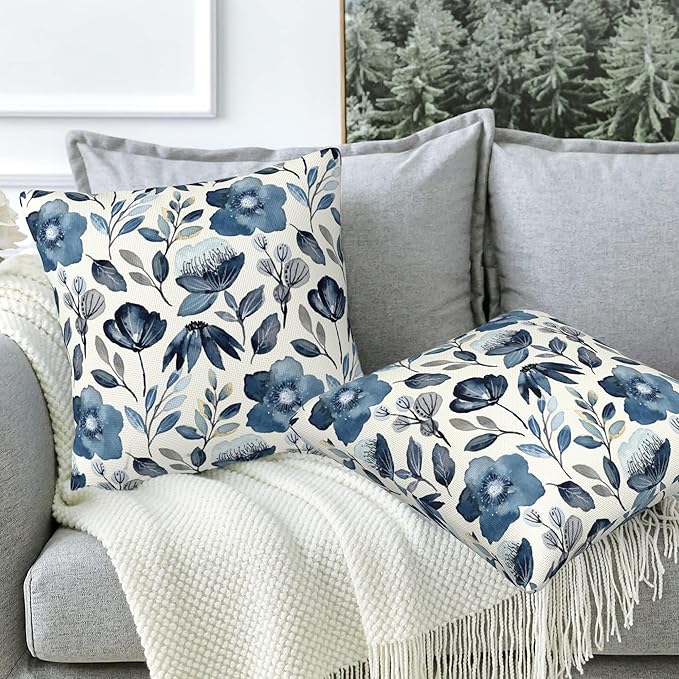 Throw Pillow Covers Blue Floral Pillow Covers 20x20 Inch Set of 2 Throw Pillows Decorative Pillow Cases Cushion Covers for Bedroom Livingroom Sofa Farm House
