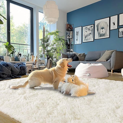 Cream White Plush Rug for Living Room Fuzzy Carpet for Bedroom Dorm, Non-Slip High Pile Rug, Shag Rug for Playroom Nursery Home Office Decor 4X6 Ft