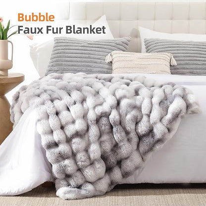 Smoofy Faux Fur Throw Blanket for Couch Rabbit Fleece - Tie-dye Grey Fluffy Blanket for Sofa Bedroom Living Room, Cozy Soft Plush Luxury Thick Winter Fuzzy Comfy Bubble Blanket - 50" x 60"