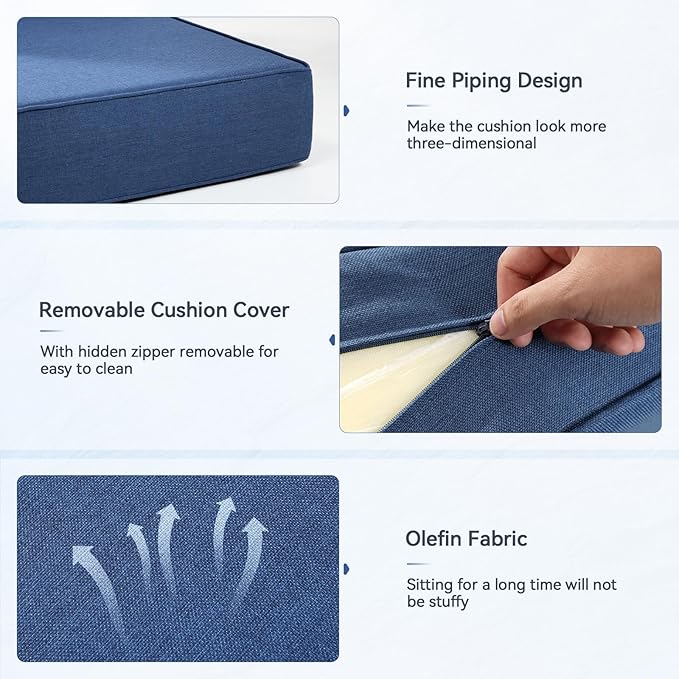 Luxury 6" Outdoor Cushions for Patio Furniture, 24x24x6" Thick Seat Cushion Set of 5, Fade Resistant Couch Chair Replacement Cushions High Density Deep Wicker Chair Cushion w/ Removable Cover, Blue