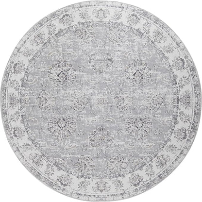 jinchan Fiora Round Rug 4ft Area Rugs Vintage Floral Distressed Design - Machine Washable Non-Slip Low-Pile Ultra-Thin Circle Rug for Entryway Bedside Living Room Dining Room Bedroom (4' Round, Grey)