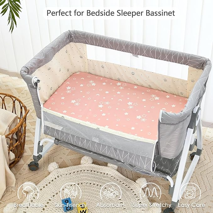 3 Pack Soft Strecthy Bassinet Sheets - 35"x20" Bedside Bassinet Sheets for for Newton, Ezebaby, AMKE(3 in 1) & Other Large Bedside Sleeper | Breathable & Skin Friendly Bassinet Fitted Sheets for Girls