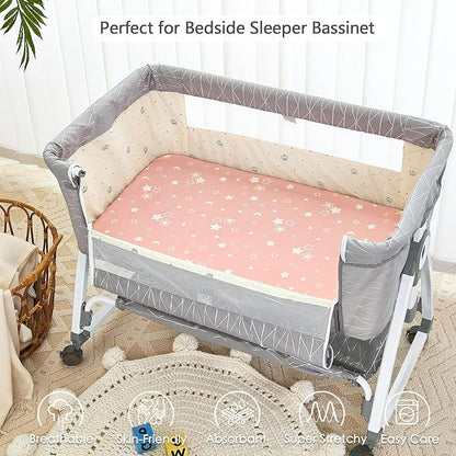 3 Pack Soft Strecthy Bassinet Sheets - 35"x20" Bedside Bassinet Sheets for for Newton, Ezebaby, AMKE(3 in 1) & Other Large Bedside Sleeper | Breathable & Skin Friendly Bassinet Fitted Sheets for Girls