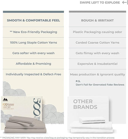 Mayfair Linen 500 Thread Count Twin Cotton Sheets - 3 PC Twin Size Bed Sheet Set Cotton (Taupe), Soft, Cooling, Sateen Hotel-Quality 16" Deep Pocket Bedsheet for Hot Sleepers (Fits 18" Mattress)