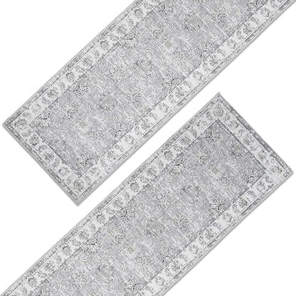 jinchan Fiora Runner Rug 3x10-2pcs Kitchen Washable Vintage Hallway Rug Floral Print Floor Cover Indoor Thin Retro Mat Accent for Bathroom Laundry Room Bedroom Office Farmhouse (Double, Grey)