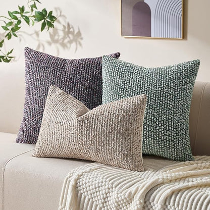 Decorative Couch Throw Pillow Covers 18x18 Set of 2 Purple Striped Soft Wool Pillow Covers Neutral Textured Boho Cushion Covers for Modern Farmhouse Sofa Bedroom Living Room Decor SY012-E18