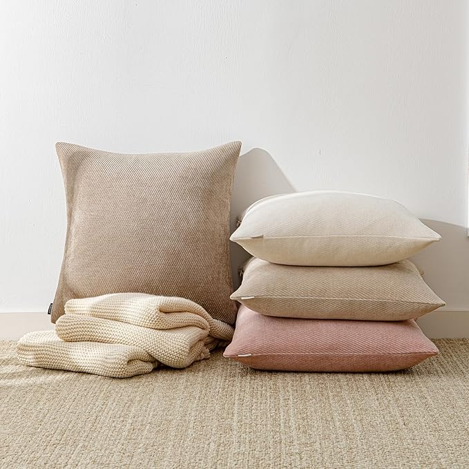 a moment Pack of 2 Decorative Chenille Throw Pillow Covers with Twill Cushion Covers for Sofa Living Room Couch Bed 18x18 Inch Light Brown