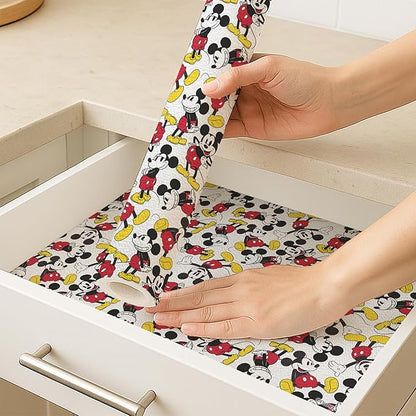 Disney Non Adhesive Shelf Liner – 18”x 10 ft Water-Resistant Drawer Liners for Kitchen Cabinets, Pantry, Fridge & Dressers – Easy Cut Cabinet Liner Roll- Mickey Mouse, Stitch & Winnie The Pooh