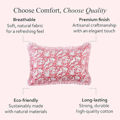 CPC Ruby Red 100% Cotton Block Print Ruffle Sham Cover 20X30 inch Pack of 2, Handmade Boho Floral Pillowcase, Soft Decorative Queen Bed Pillow Cover for Bedroom Décor