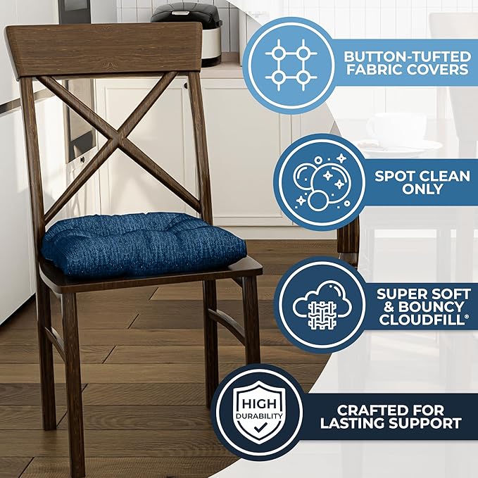 Klear Vu Gripper Overstuffed Universal Non-Slip Dining Chair Cushions for Kitchen Decor or Office Use, U-Shaped Skid-Proof Seat Pad, 17x17 Inches, 2 Count (Pack of 1), Chenille Sapphire Blue
