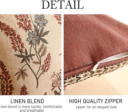 ISAENNE Design Linen Vintage Throw Pillow Covers 12"x20" Pack of 2, Rectangle Cushion Covers with Red Purple Flowers Green Leaves Pattern Decoration Pillowcases for Bed,Living Room,Outdoor,Car
