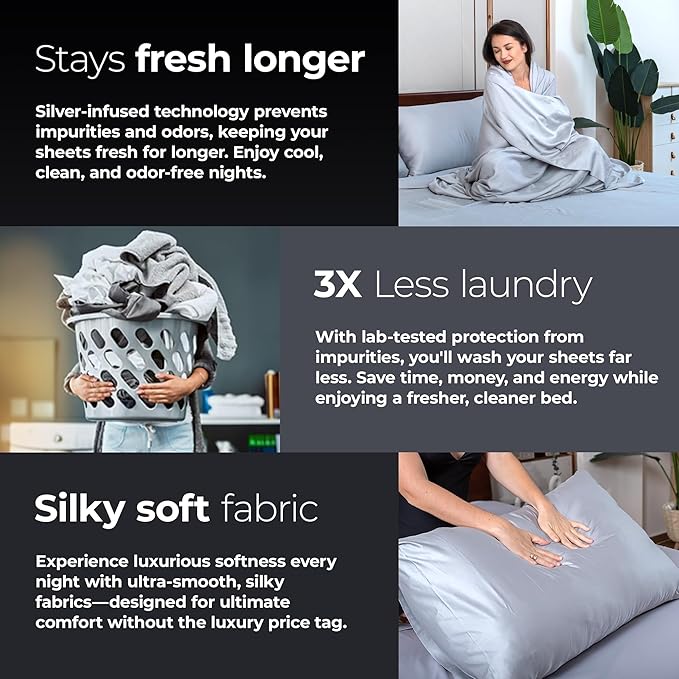 Silvery Silver Infused Bed Sheets Set - Award-Winning Self-Cooling Fabric with Self-Cleaning Silvery Technology™ That Stays Fresh 3X Longer for Hygienic Sleep (Gray, King)
