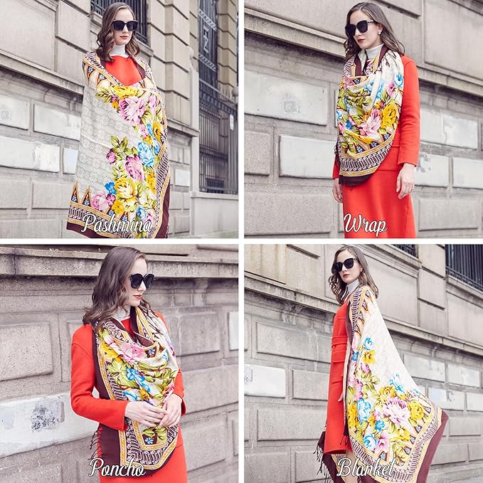 DANA XU 100% Merino Wool Pashmina Shawl for Women 96"x43", Oversized Cashmere Wrap with Tassels, Floral Travel Blanket Cape