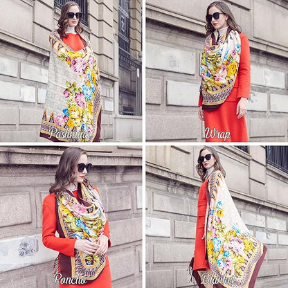 DANA XU 100% Merino Wool Pashmina Shawl for Women 96"x43", Oversized Cashmere Wrap with Tassels, Floral Travel Blanket Cape