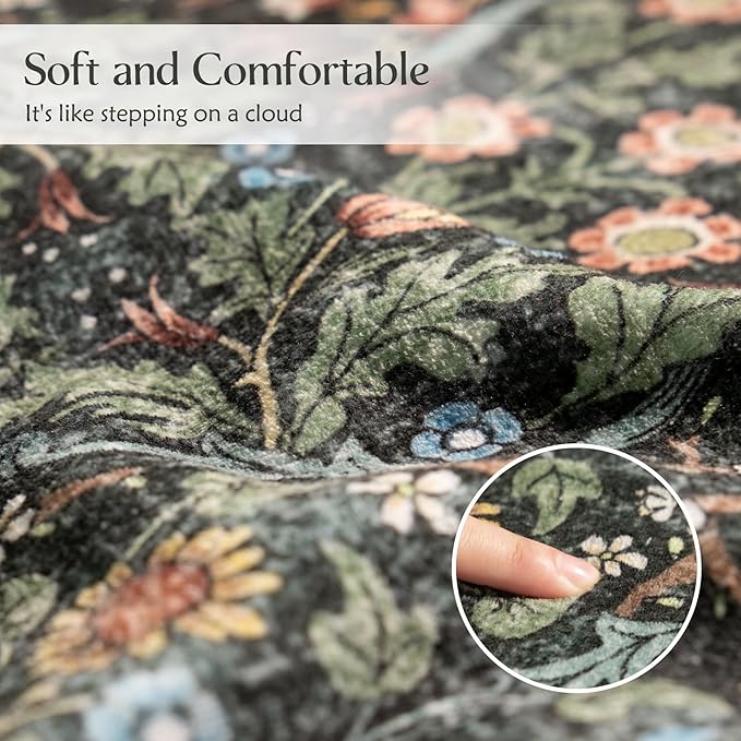 MUJOO Floral 5x7 Area Rugs,Washable Rug for Living Room Bedroom Office Dining Room,Large Throw Carpet,Boho Non Slip Indoor Floor Big Soft Botanical Vintage Ultra-Thin Black and Green
