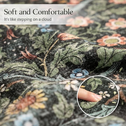 MUJOO 3x5 Rug Washable,Floral Area Rug for Bedroom Office Entryway Living Room Bedside,Small Throw Carpet Boho Non Slip Indoor Floor Botanical Vintage Ultra-Thin Black and Green
