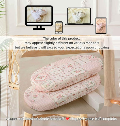 SDY Jersey FloralBassinet Sheets for Baby Girls,32 "x 16 "x 4",2 Pack,Pink Flower Standard Oval/Retangle Bassinet Mattress Sheets for Toddler,Super Soft Breathable