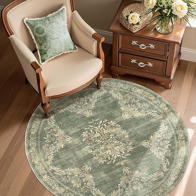 jinchan Round Rug 4ft Area Rugs Vintage Floral Distressed Design Machine Washable Soft Non-Slip Low-Pile Ultra-Thin Christmas Circle Rug for Entryway Living Room Kitchen Nursery (4' Round, Dark Green)