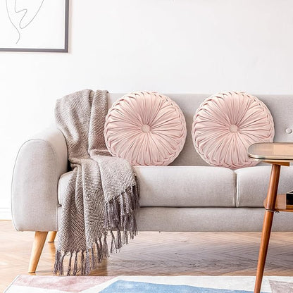 4 Pcs Round Throw Pillows 15 Inch Decorative Velvet Pleated Pumpkin Floor Boho Pillows for Living Room Couch Chair Bed Sofa (Light Pink)