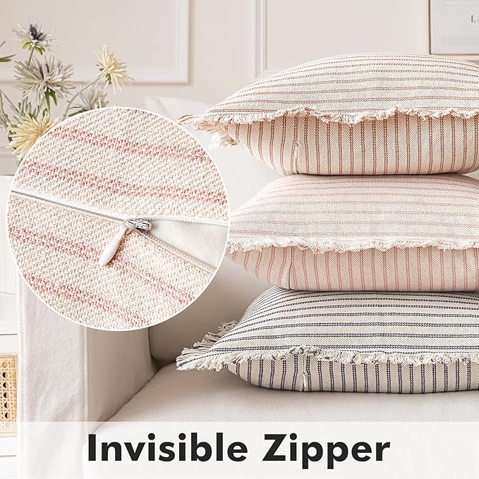 MIULEE Pack of 2 Pink Pillow Covers 24x24 Inch Striped Farmhouse Couch Throw Pillow Covers with Fringe Chic Cotton Decorative Cushion Eruo Sham for Sofa Living Room Bed Outdoor Home Decor