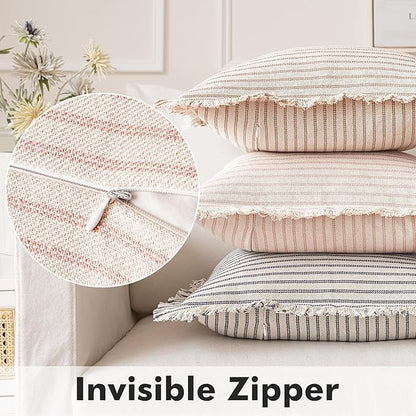 MIULEE Pack of 2 Pink Pillow Covers 24x24 Inch Striped Farmhouse Couch Throw Pillow Covers with Fringe Chic Cotton Decorative Cushion Eruo Sham for Sofa Living Room Bed Outdoor Home Decor
