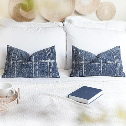 BlissBlush Dark Blue Decorative Lumbar Throw Pillow Covers 12X20, Set of 2, Boho Farmhouse Cushion Cover, Soft Accent Pillowcase for Couch Sofa Bed Living Room Home Décor