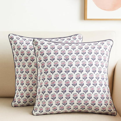 SheetKart Pure Cotton Throw Pillow Covers - Set of 2 - Hand Block Pure Cotton Printed Boho Decorative Pillow Covers - Cushion Covers for Living Room, Bohemian Theme, 16 x 16 Inches, Lavender Whisper