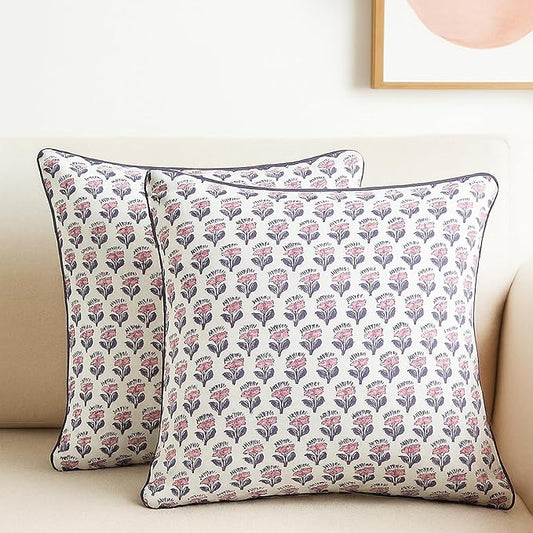 SheetKart Pure Cotton Throw Pillow Covers - Set of 2 - Hand Block Pure Cotton Printed Boho Decorative Pillow Covers - Cushion Covers for Living Room, Bohemian Theme, 16 x 16 Inches, Lavender Whisper