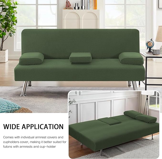 H.VERSAILTEX 4 Pieces Stretch Futon Covers Sofa Bed Slipcover with Removable Armrests and Cupholders Covers Furniture Protector High Spandex Small Checks Jacquard Fabric, Bronze Green