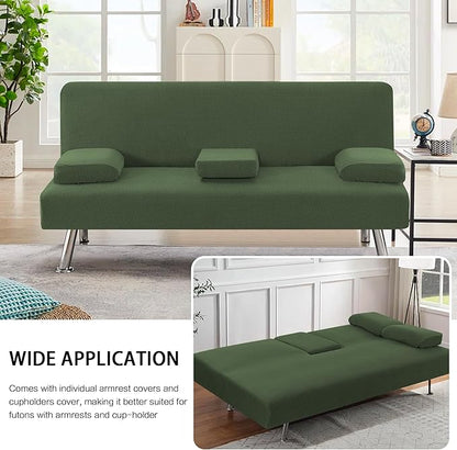 H.VERSAILTEX 4 Pieces Stretch Futon Covers Sofa Bed Slipcover with Removable Armrests and Cupholders Covers Furniture Protector High Spandex Small Checks Jacquard Fabric, Bronze Green