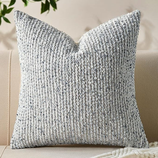 Decorative Couch Throw Pillow Covers 18x18 Blue Striped Soft Wool Pillow Covers Neutral Textured Boho Cushion Covers for Modern Farmhouse Sofa Bedroom Living Room Decor SY011-C18