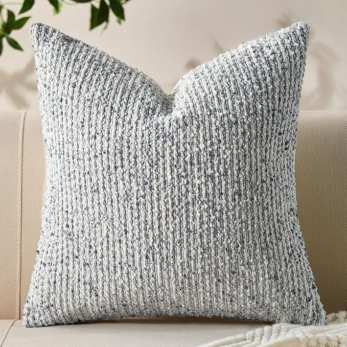Decorative Couch Throw Pillow Covers 24x24 Blue Striped Soft Wool Pillow Covers Neutral Textured Boho Cushion Covers for Modern Farmhouse Sofa Bedroom Living Room Decor SY011-C24