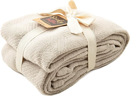 Sticky Toffee Cotton Throw Blanket, 60 x 50 Inch, Tan Beige Herringbone Weave, Soft Lightweight Woven Blanket for Couch, Boho Farmhouse Style