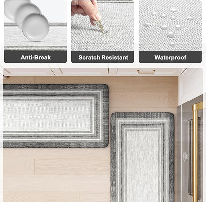 KIMODE Anti Fatigue Kitchen Mats for Floor 2PCS,17"x47"+17"x29" Farmhouse Kitchen Rugs Non Slip Rubber Backing,Waterproof Cushioned Standing Mat for Office,Laundry,Sink,Desk,Grey