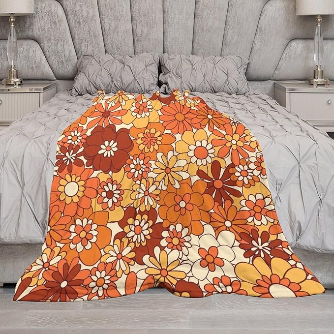 Vintage 70s Throw Blanket, Boho Hippie Bright Orange Flowers Groovy Abstract Funny Art Print Blanket for Couch Sofa Bed 60"x80"