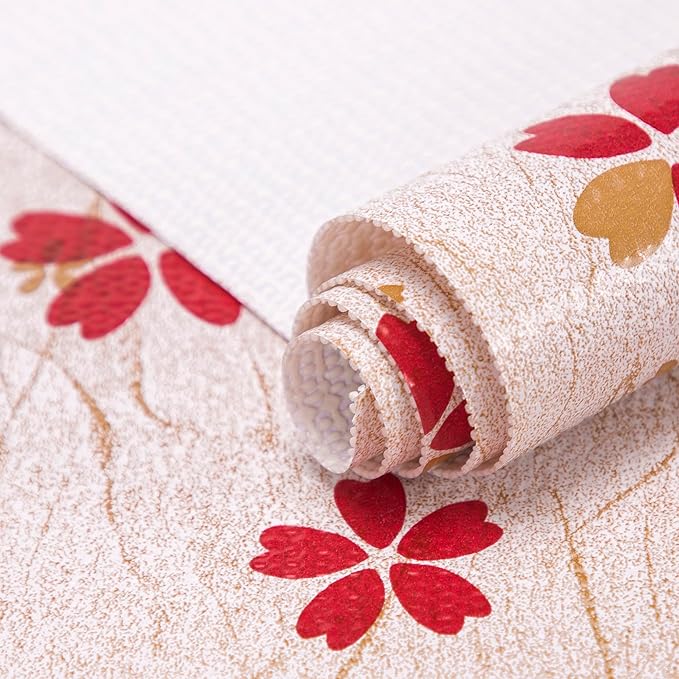 RAY STAR 12X120 Inch Shelf Liner for Kitchen Cabinets, Non-Adhesive Cabinet Liner Washable, PVC Drawer Liner for Dresser Non-Slip Bathroom (Red Floral)(3 Roll)