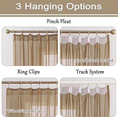 Pinch Pleat Khaki Sheer Curtains 84 Inches Long Light Filtering Light Taupe Drapes for Bedroom Farmhouse Soft Touch Lightweight Pleated Drapes with Adjustable Hooks, Khaki, 42"W x 84"L, 2 Panels