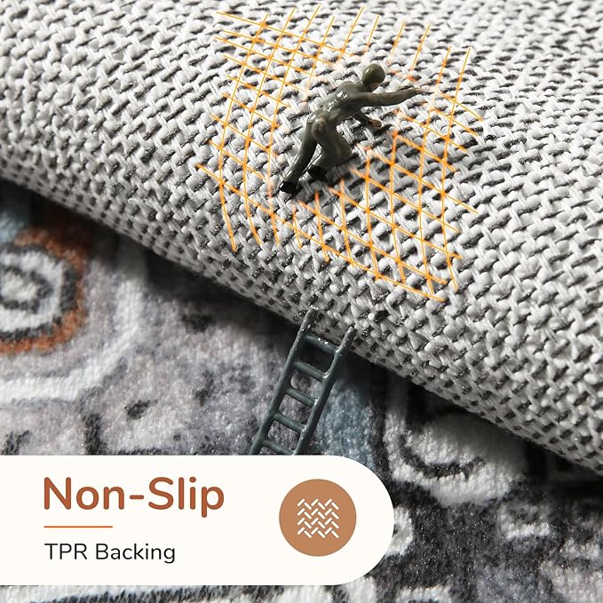 OPPODREAM Thin Area Rugs 5x7, 5x7 Washable Rug with Non Slip Backing, 5 x 7 Faux Cashmere Low-Pile Carpet, Grey & Teal & Yellow
