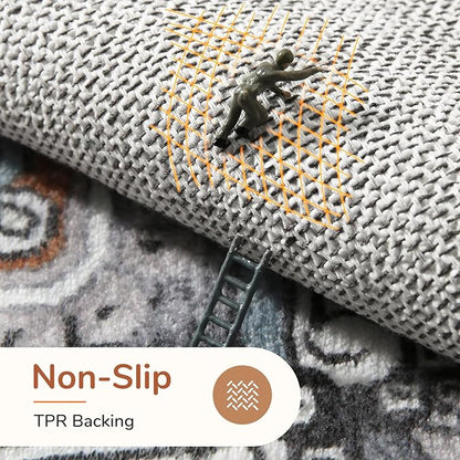 OPPODREAM Thin Area Rugs 5x7, 5x7 Washable Rug with Non Slip Backing, 5 x 7 Faux Cashmere Low-Pile Carpet, Grey & Teal & Yellow