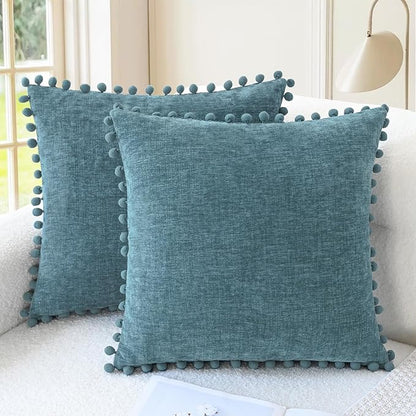 CaliTime Throw Pillow Covers Decorative 20 X 20 Inches Pack of 2 Cozy Solid Dyed Soft Chenille Cushion Cases with Pom Poms for Couch Sofa Bed Living Room Home Smoke Blue
