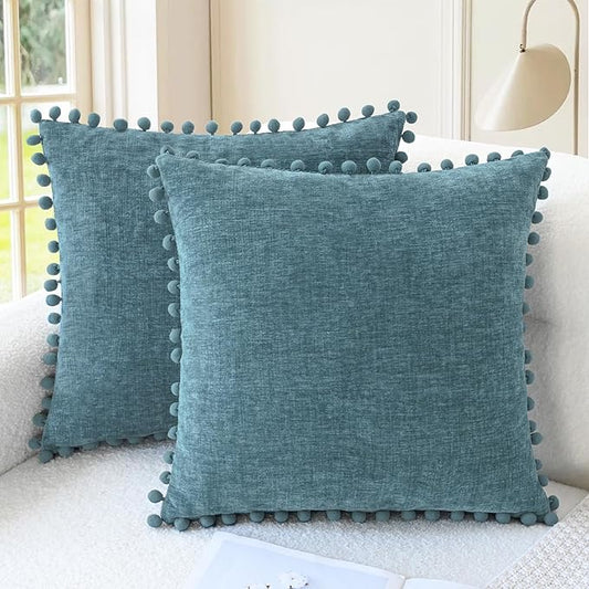 CaliTime Throw Pillow Covers Decorative 16 X 16 Inches Pack of 2 Cozy Solid Dyed Soft Chenille Cushion Cases with Pom Poms for Couch Sofa Bed Living Room Home Smoke Blue