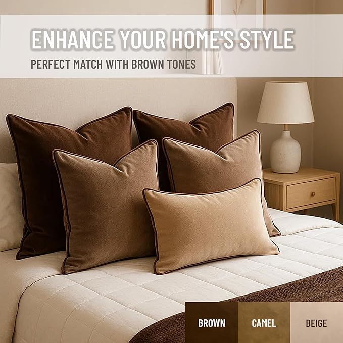 2 Pack Velvet Decorative Throw Pillow Covers, 20"x20", Beige and Brown, Solid, Modern, Contrast Piping, Indoor Use, Bedroom & Living Room