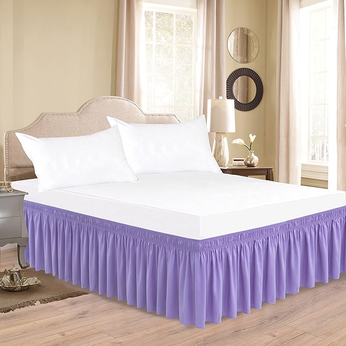 Biscaynebay Wrap Around Bed Skirts for Full & Full XL Beds Short Drop of 12", Lavender Adjustable Elastic Dust Ruffles Easy Fit Wrinkle Resistant Silky Luxurious Fabric Machine Washable