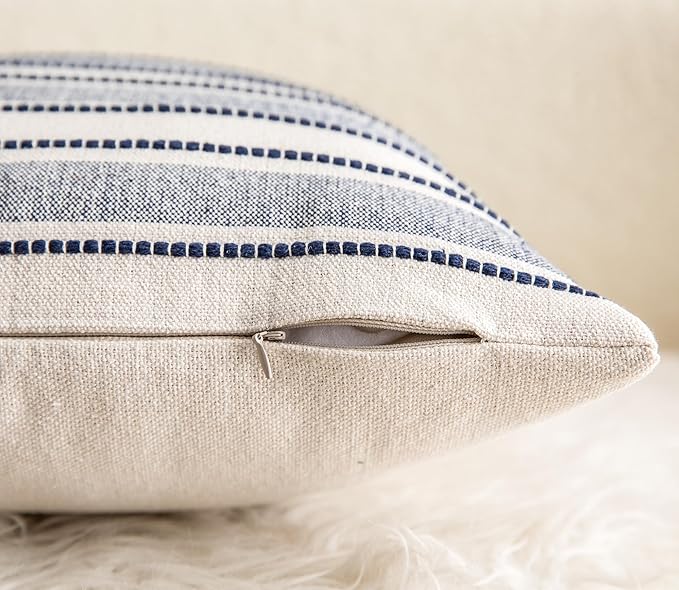 Decorative Boho Throw Pillow Covers, Farmhouse Textured Pillow Case, 20 x 20 Inch Set of 2, Chair Sofa Bedroom Living Room Decor Couch Cushion Case, Navy Blue and Beige Striped